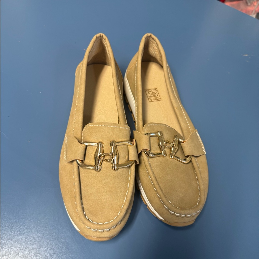 Tan Loafers with Gold Buckle